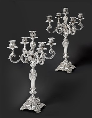 Lot 2112 - A Pair of Portuguese Silver Five-Light Candleabra