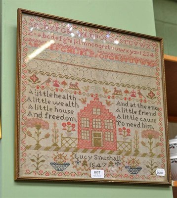 Lot 597 - 19th century framed sampler, worked by Lucy Snushall, dated 1847