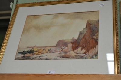 Lot 611 - Vernon Milner, children on the beach below Whitby, watercolour