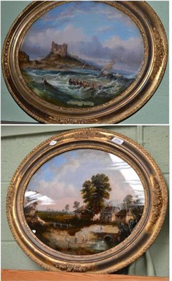 Lot 614 - A pair of 19th century oval reverse paintings on glass depicting a coastal scene and a pastoral...