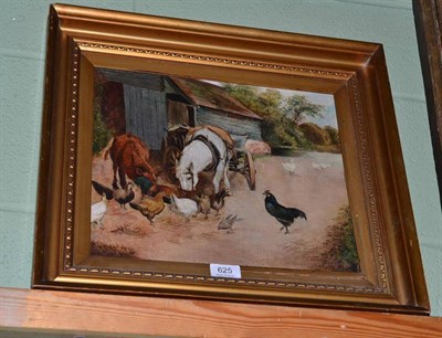 Lot 625 - A framed oil, indistinctly signed farmyard scene