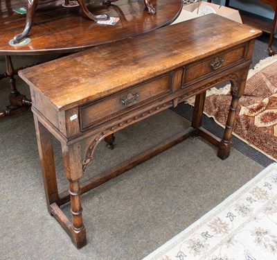 Lot 1443 - A Small Oak Reproduction Two Drawer Hall Table,...