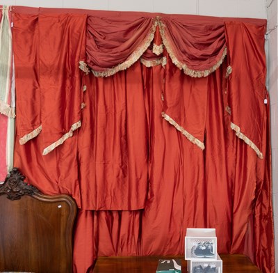 Lot 1204 - Red Silk Country House Curtains, lined and...
