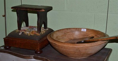 Lot 650 - Treen dough bowl, square footstool, small stool and dough paddle (4)