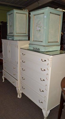 Lot 666 - White painted tall boy and matching five height chest of drawers and a pair of green painted...