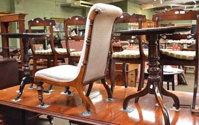 Lot 696 - Patterned nursing chair, mahogany and oak circular table and a tripod table