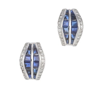 Lot 2296 - A Pair of Sapphire and Diamond Earrings the...