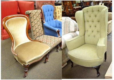 Lot 752 - A green upholstered wing back chair, prie dieu chair and a nursing chair