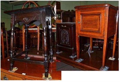 Lot 769 - Edwardian mahogany and satinwood banded pot cupboard, coal purdonium and an ebonised table