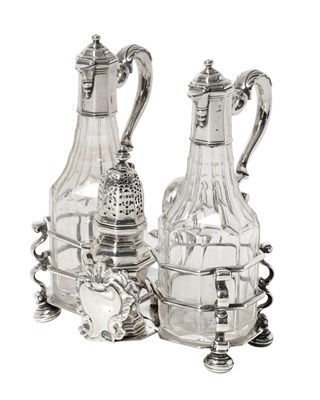 Lot 2003 - A George II Silver Cruet-Stand, Two Silver-Mounted Cut-Glass Bottles and an Associated Pepperette