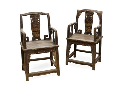 Lot 106 - A Pair of Chinese Elm, Red-Painted and Carved...