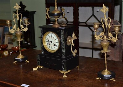 Lot 803 - Black slate clock garniture