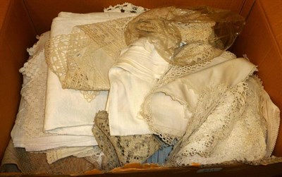 Lot 841 - Box of embroidered linen, crochet etc