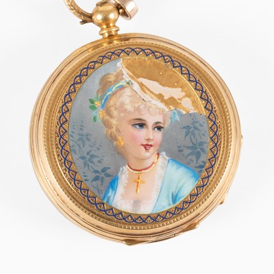 Lot 175 - A Lady's 18 Carat Gold Enamel Fob Watch, circa...