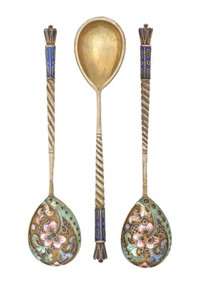 Lot 2023 - A Set of Six Russian Silver-Gilt and Enamel Spoons
