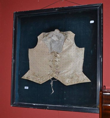 Lot 889 - 18th century silk embroidered waistcoat mounted in an ebonised frame (unglazed)