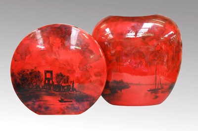 Lot 1134 - Two Peggy Davies Ruby Ground Vases, largest 28....