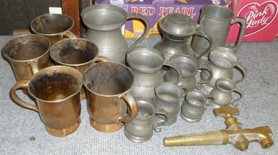 Lot 909 - Assorted pewter and plated tankards, brass tap etc