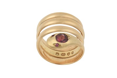 Lot 2338 - An 18 Carat Gold Garnet Snake Ring the head...
