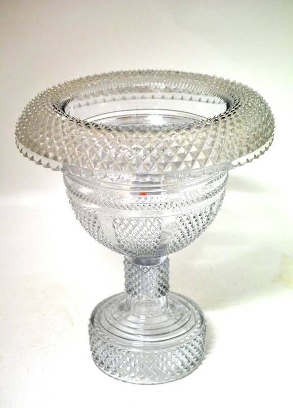 Lot 10 - A Cut Glass Pedestal Bowl, 19th century, with diamond cut everted rim over a prismatic band and...
