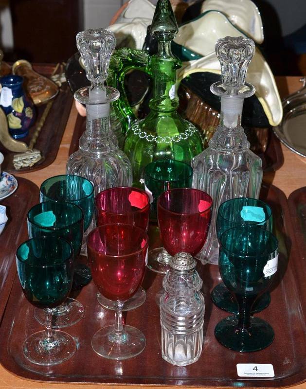 Lot 4 - A pair of decanters and stoppers, a green glass decanter, a Georgian pepperette and nine...
