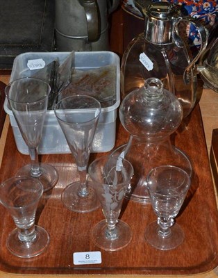Lot 8 - Various stained glass panels, a Hukin and Heath decanter, a glass smoke shade and five wines