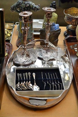 Lot 17 - Pair of plated candlesticks, plated gallery tray, plated dessert spoons and forks and five glasses