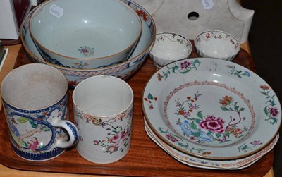 Lot 22 - A tray of English, Chinese and Japanese porcelain including two mugs, tea bowls, plates etc