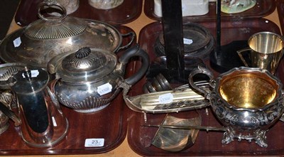 Lot 23 - Plated items comprising (entree dish with cover) *check marks*, three piece tea set, jug, sugar...