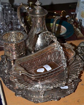 Lot 31 - Late Victorian plated shaped oval tray with openwork border, woven basket, coffee pot, fern pot...