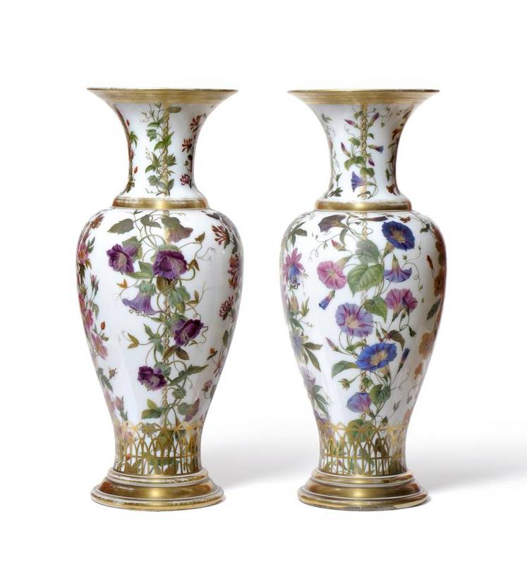 Lot 15 - A Pair of French Opaque White Glass Vases, mid 19th century, of baluster form with flared...
