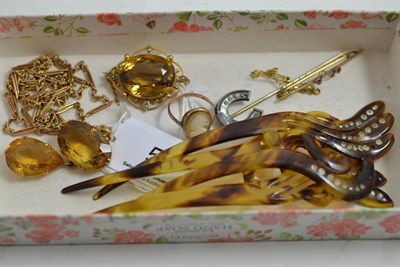 Lot 55 - Citrine brooch, citrine two stone drop pendant on chain, 9ct bar brooch, ring etc