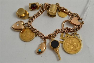 Lot 57 - Charm bracelet, mounted with 1909 full sovereign and 1908 half sovereign