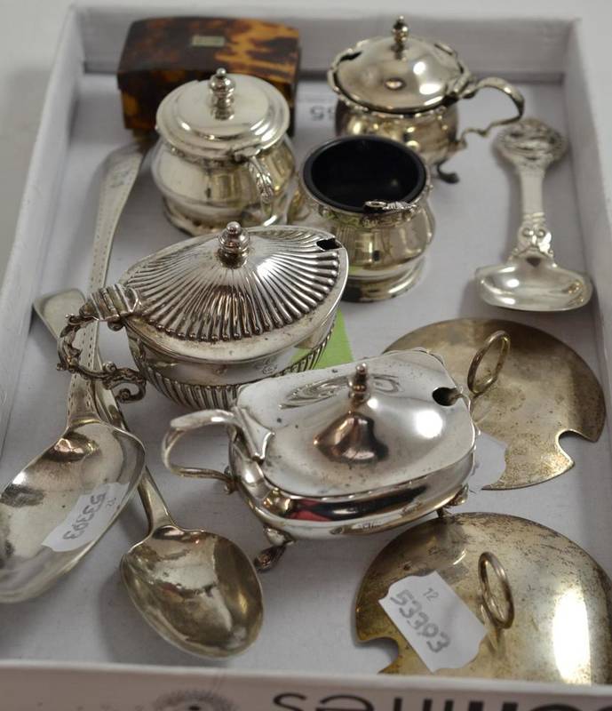Lot 65 - A silver table spoon, Georgian silver dessert spoon, two silver lids, odd silver condiments, a...