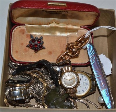 Lot 67 - A butterfly wing brooch, a bar brooch, an Omega watch face, a marcasite watch etc
