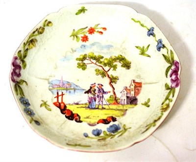 Lot 17 - A First Period Worcester Porcelain Saucer, circa 1755, of hexagonal form, painted in colours with a