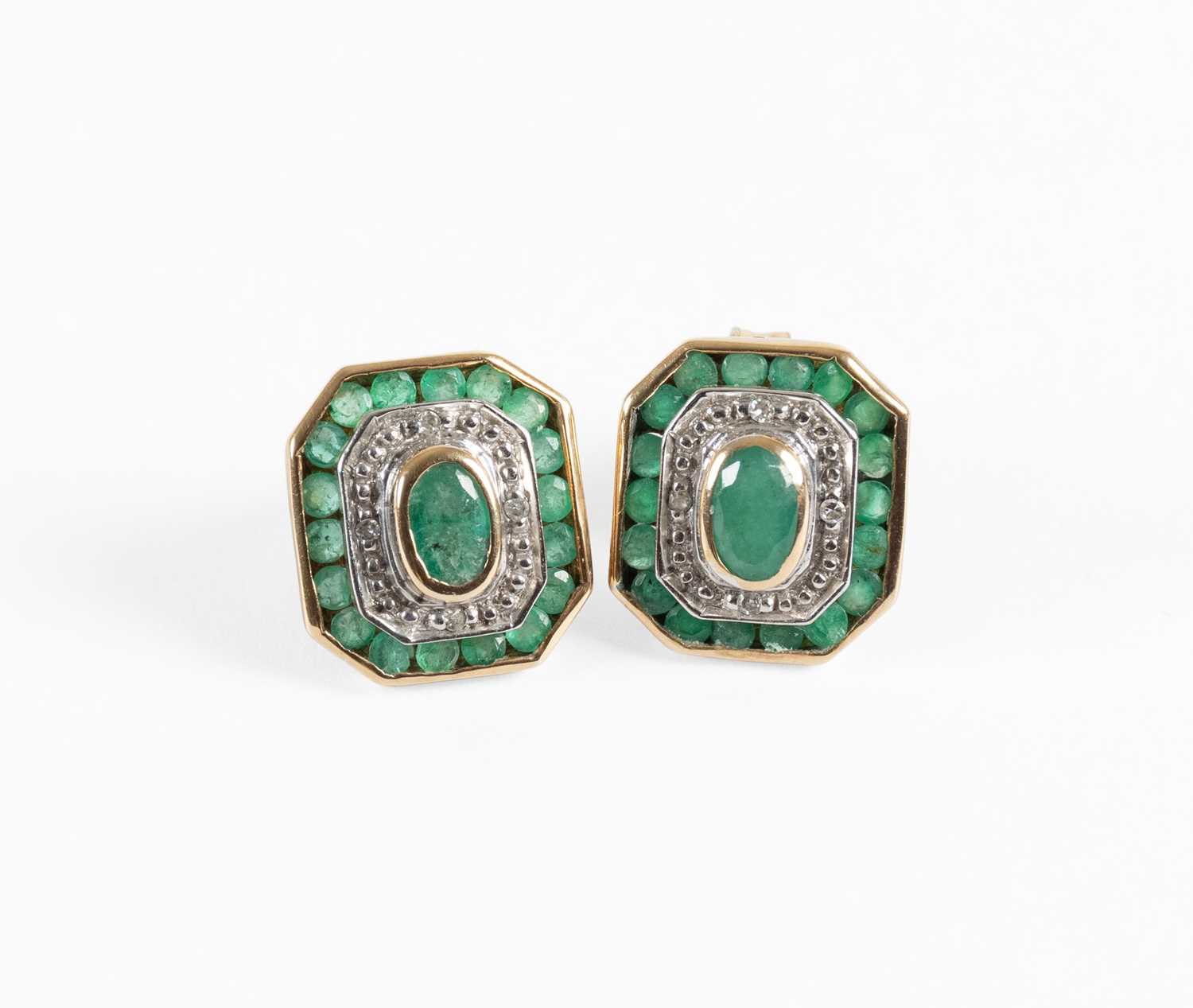 Lot 64 - A Pair of 9 Carat Gold Emerald and Diamond...