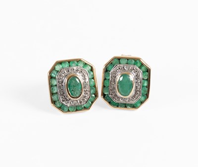 Lot 64 - A Pair of 9 Carat Gold Emerald and Diamond...