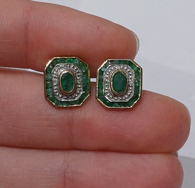Lot 64 - A Pair of 9 Carat Gold Emerald and Diamond...