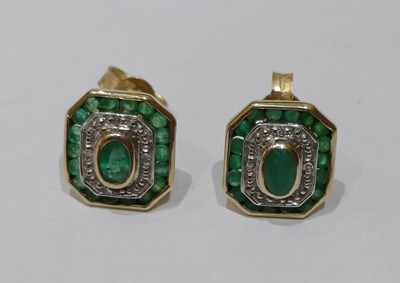 Lot 64 - A Pair of 9 Carat Gold Emerald and Diamond...