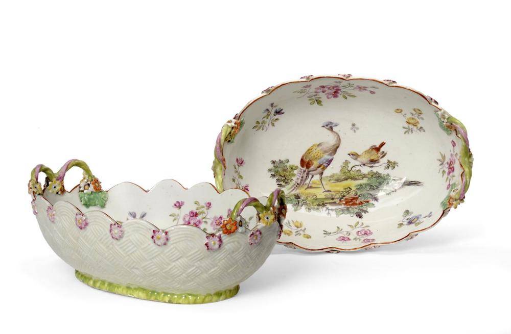Lot 21 - A Pair of Derby Porcelain Baskets, circa 1765, of oval form with twist handles, the interiors...