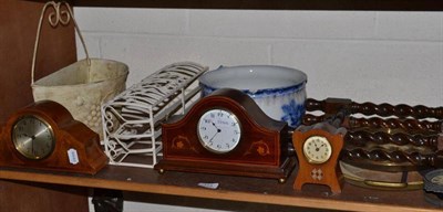 Lot 113 - Two Edwardian mahogany mantel clocks, chamber pot, wire rack etc