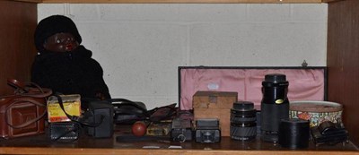 Lot 120 - Black composition doll, cameras, cased carving set etc