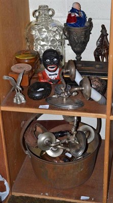 Lot 123 - A Sam Brown belt World War I, jam pan, copper kettle etc on two shelves
