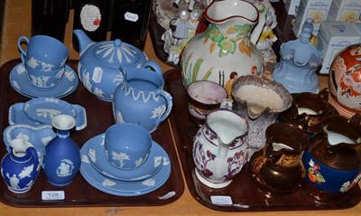 Lot 128 - Two trays including relief moulded jugs, copper lustre jugs and Wedgwood blue Jasperware