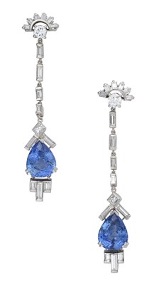 Lot 2202 - A Pair of Sapphire and Diamond Drop Earrings...