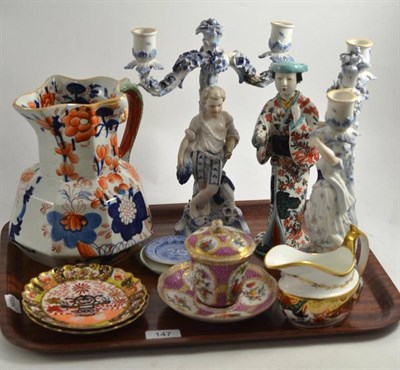 Lot 147 - An ironstone jug, a pair of figural candlesticks and sundry ornamental ceramics