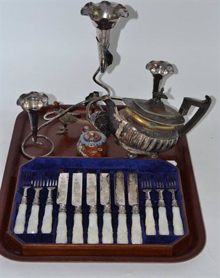 Lot 150 - A set of six silver and mother of pearl knives and forks, a plated epergne a plated teapot and...