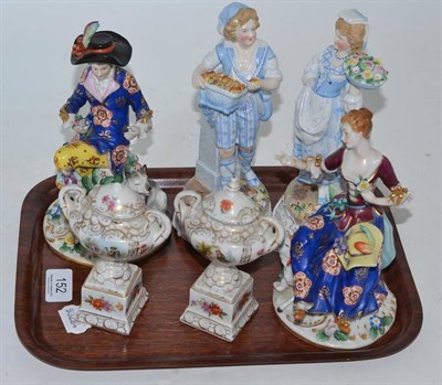 Lot 152 - A pair of Continental pastoral groups, a pair of miniature Continental vases and covers and pair of