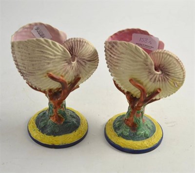 Lot 153 - A pair of Worcester majolica shell vases